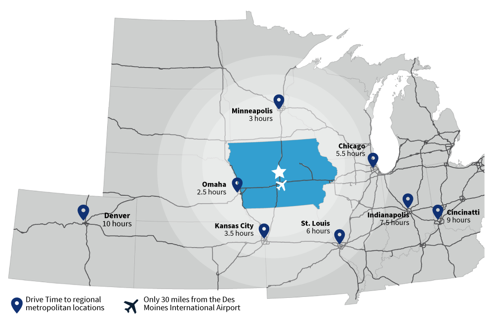 Map of midwest interstates and distance of large city from Ames